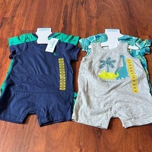 Two, two piece sets of 6M Rompers grey blue grey dinosaurs